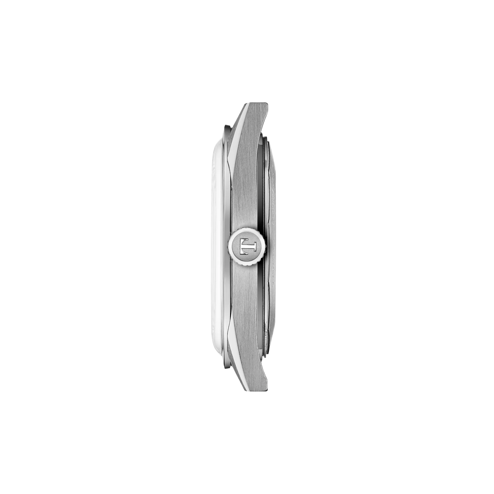 Silver and gray rectangular watch with brushed finish and round center logo, shown from the side.