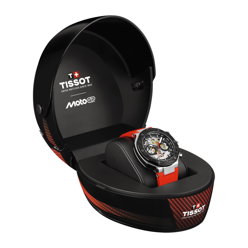 Tissot watch in a black and red display case with MotoGP branding