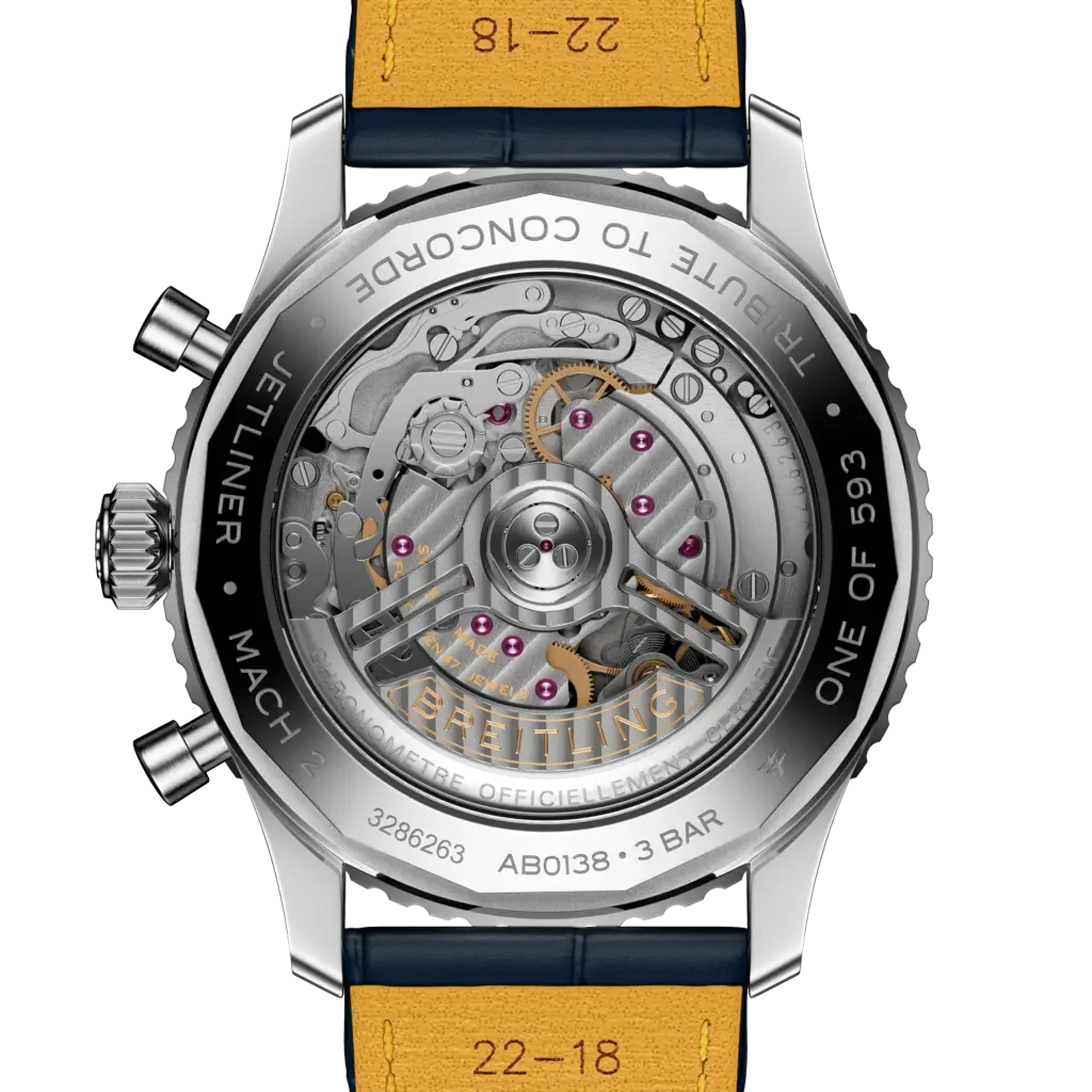 Watch with visible mechanical components and a yellow strap on a white background