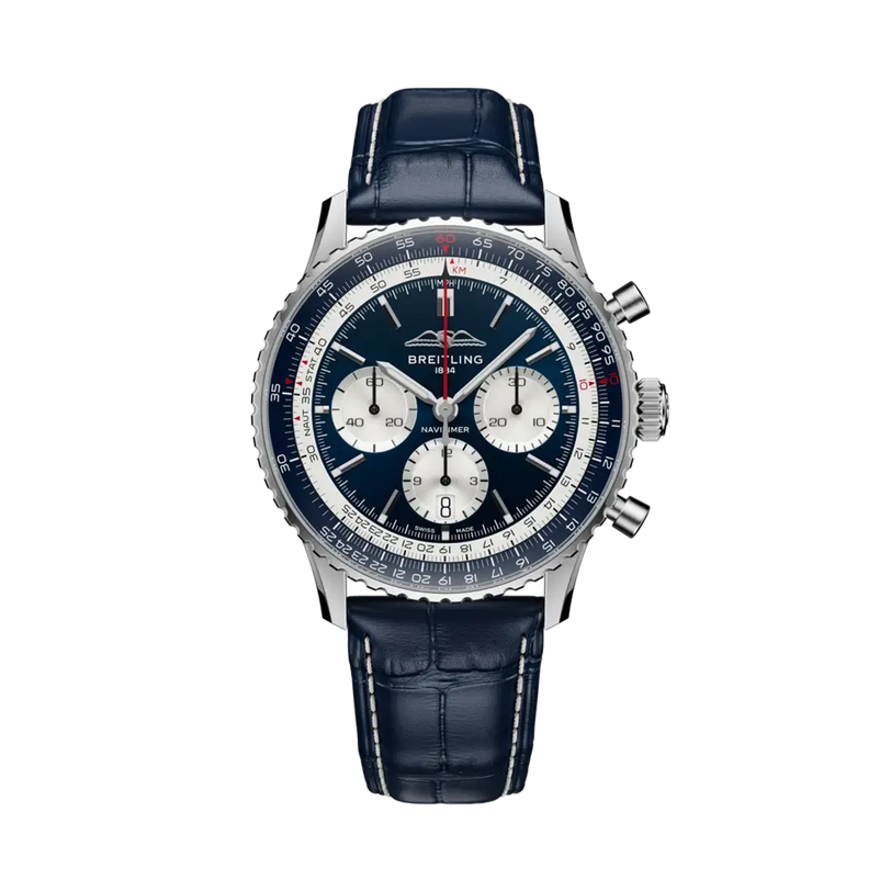Luxury watch with blue strap and detailed face on a white background