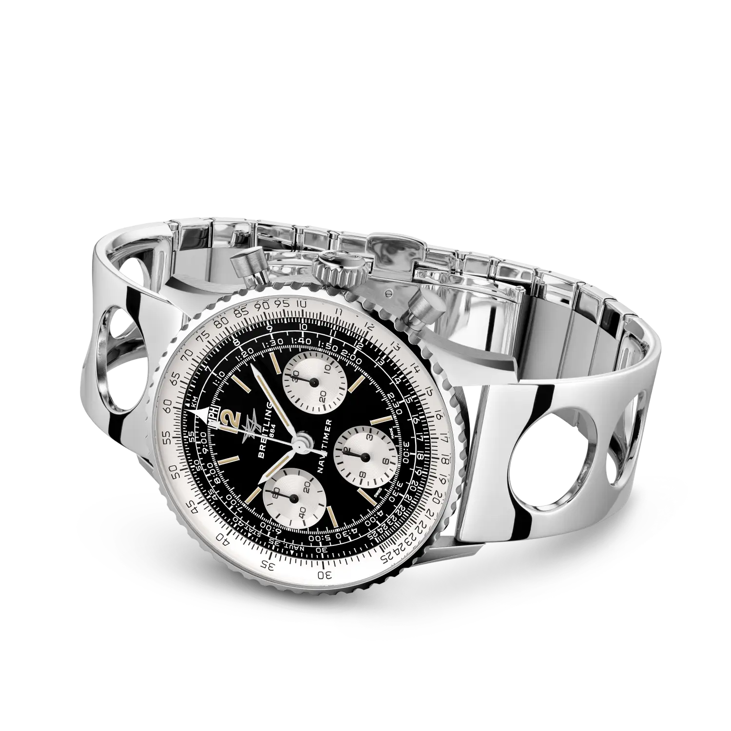 Stainless steel chronograph watch with black dial, three white subdials, and matching metal bracelet.