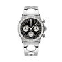 Stainless steel chronograph watch with black dial, three subdials, white numerals, rotating bezel, and perforated metal band.