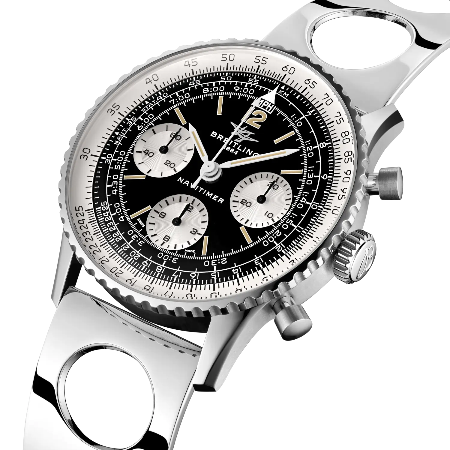 Breitling Navitimer B09 chronograph watch with stainless steel case, black dial, white subdials, and metal bracelet.