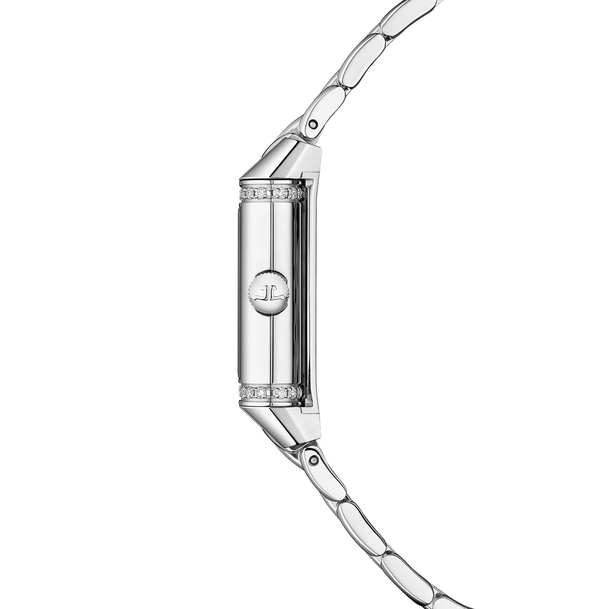 Silver rectangular watch with diamond bezels, white dial, and articulated link bracelet.