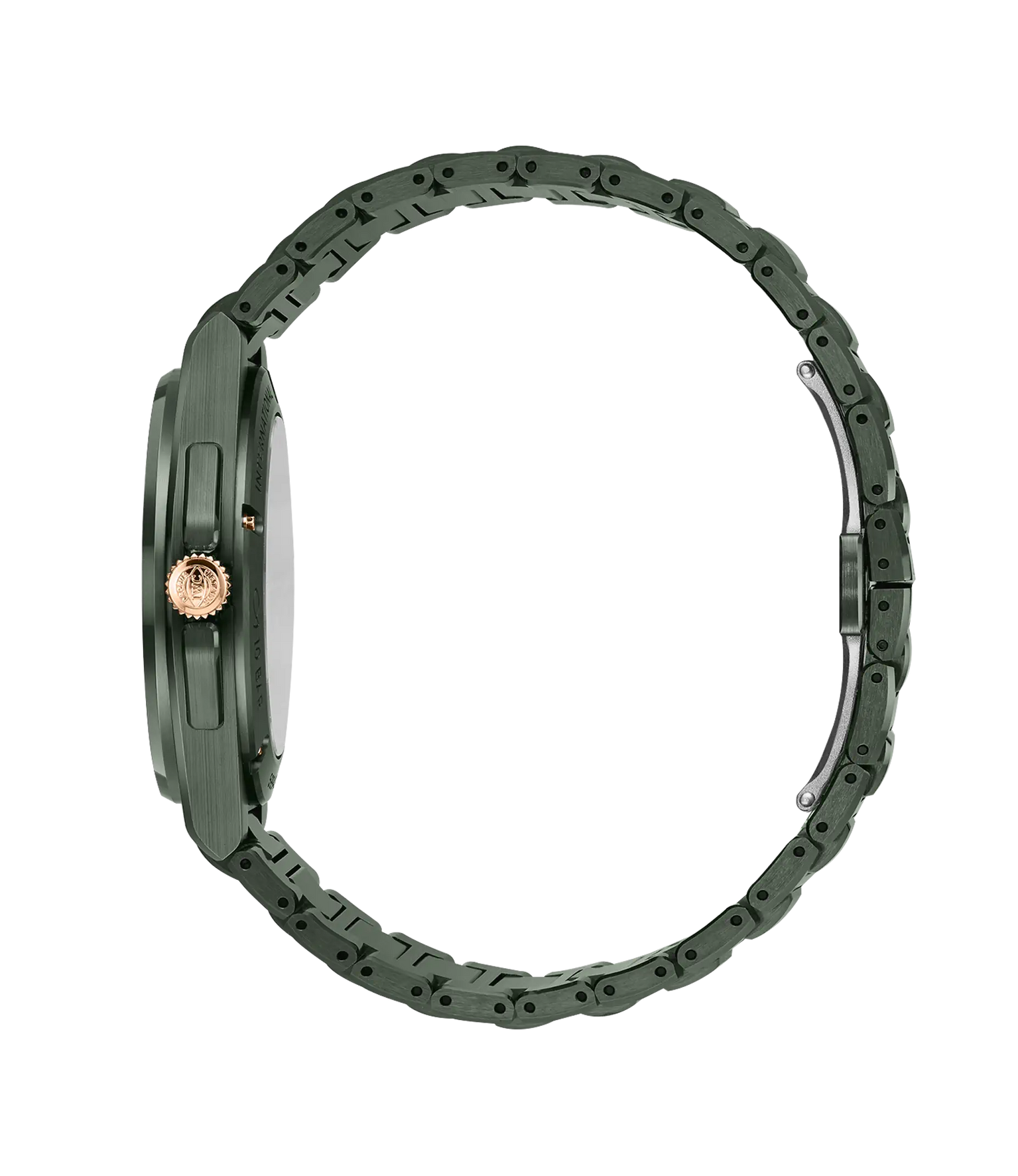 Green ceramic watch with round face, textured dial, rose gold crown, and matching ceramic bracelet displayed side view.