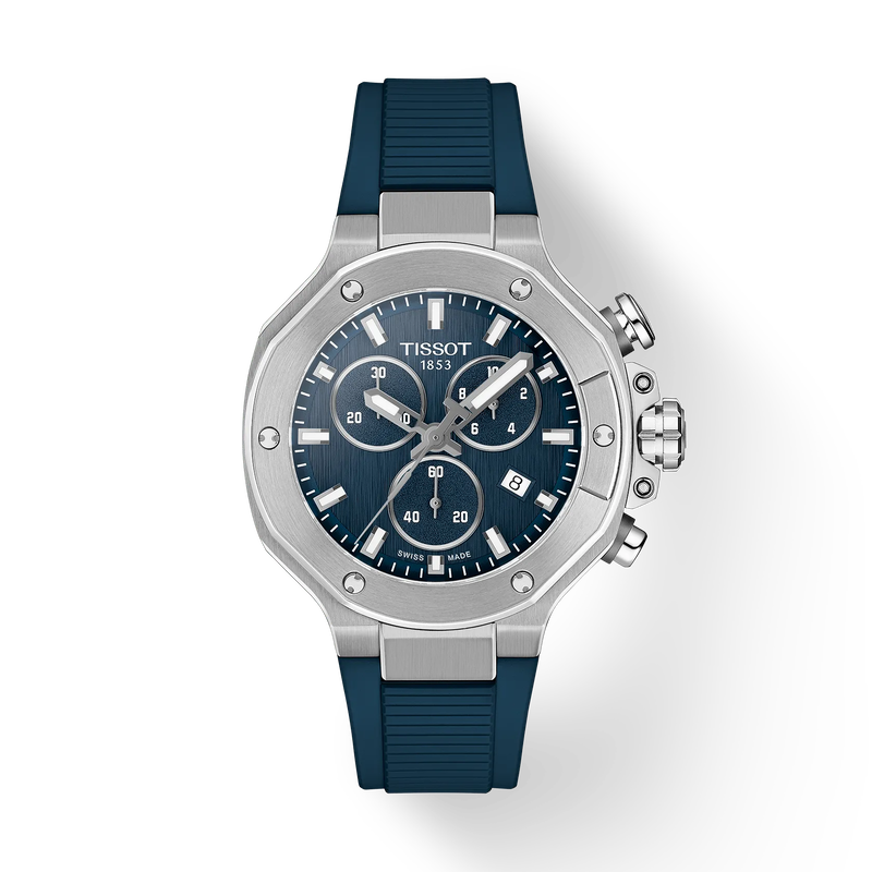 Tissot watch with blue strap and silver case on a white background