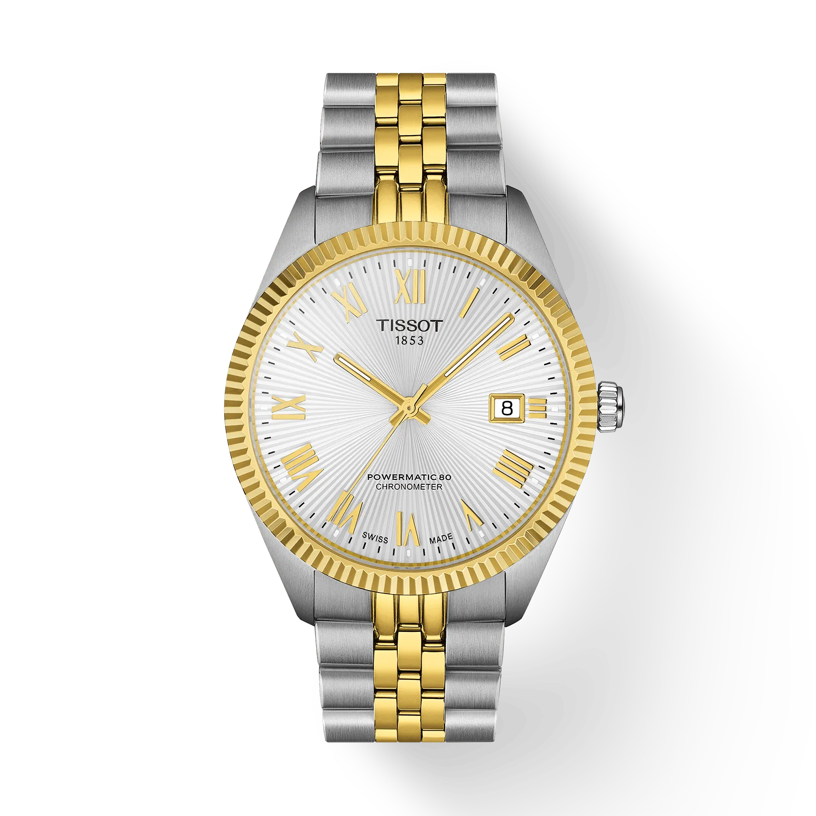 The Tissot Ballade 39mm men's watch features a silver and gold bracelet, white textured dial with gold Roman numerals, gold bezel, date at 3 o'clock, and a COSC-certified Powermatic 80 movement for precise performance.
