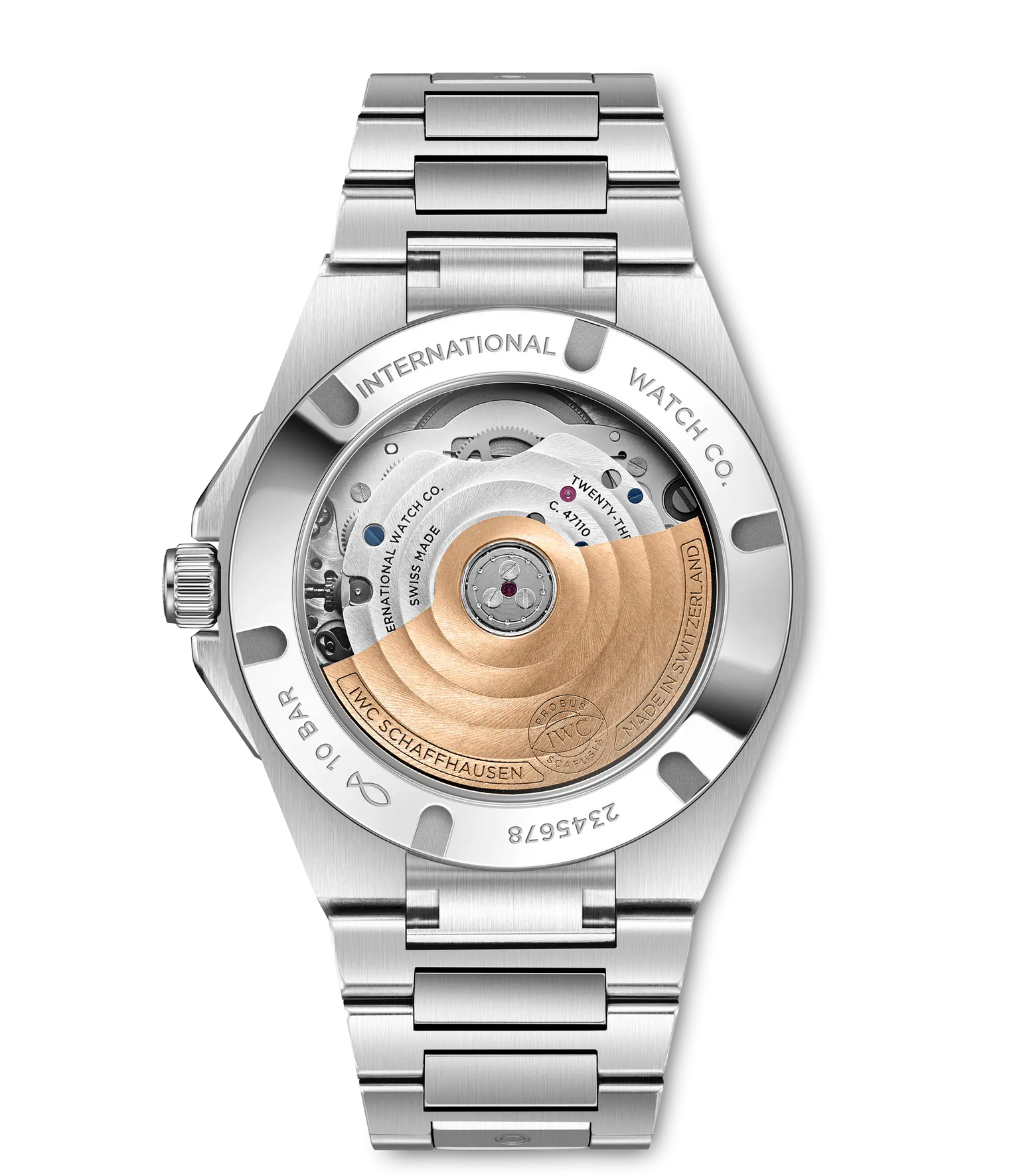 Silver stainless steel watch with visible mechanical movement rotor and three-link bracelet shown from rear case back view.