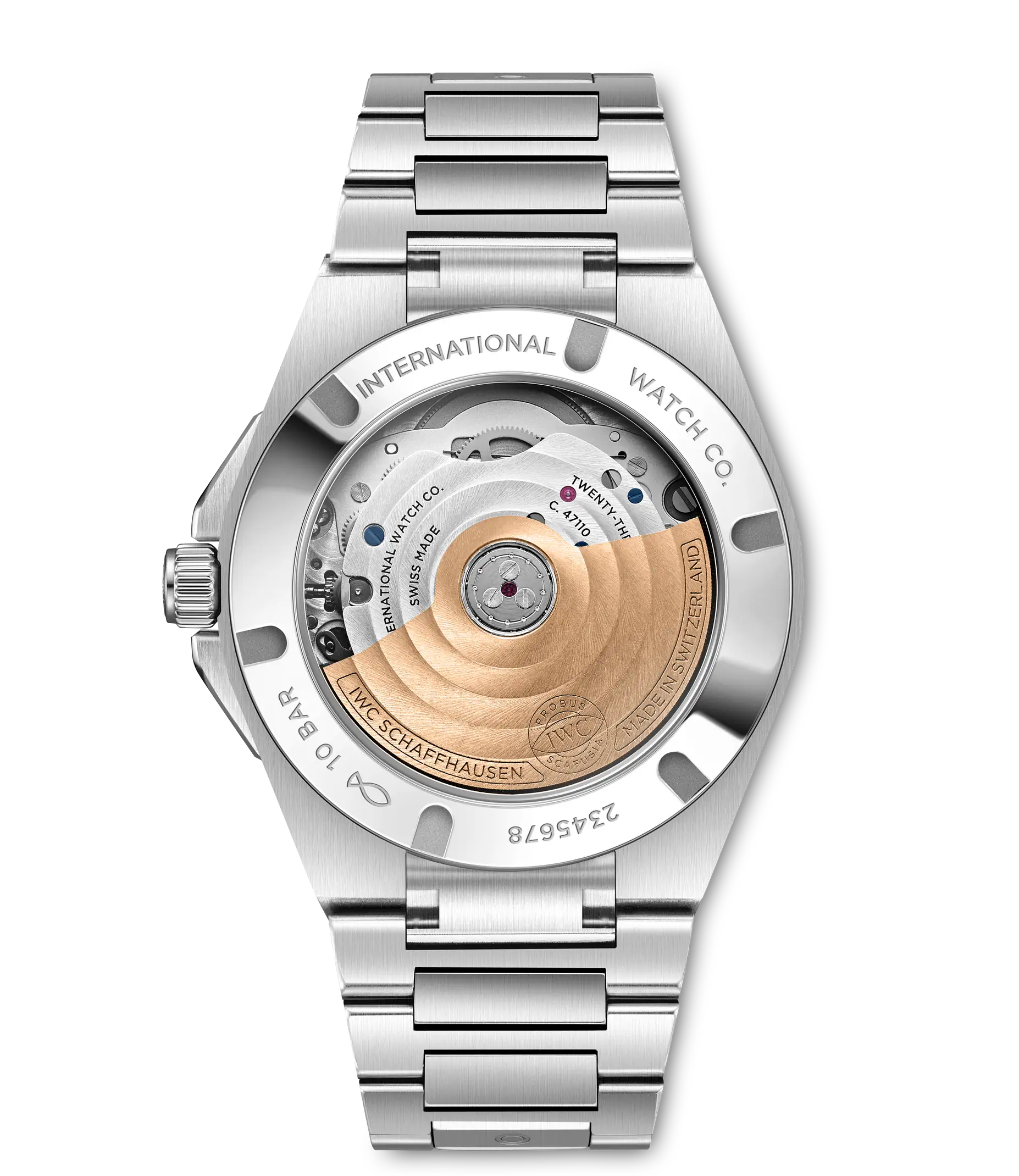 Silver stainless steel watch with visible mechanical movement rotor and three-link bracelet shown from rear case back view.