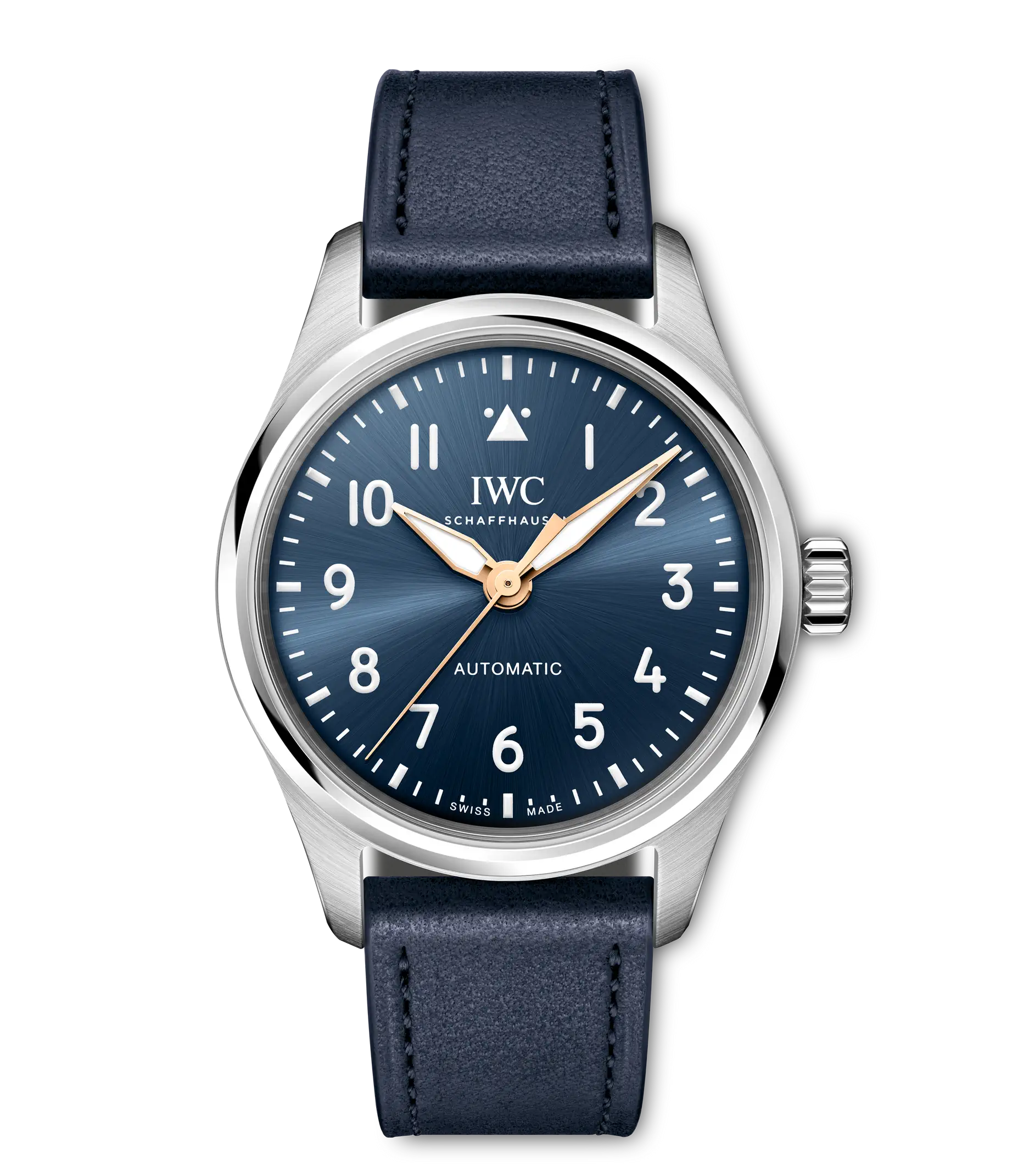 Silver-cased automatic watch with dark blue dial, Arabic numerals, gold-tone hands, and dark blue leather strap.