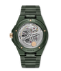 Green steel watch with visible skeleton dial, rose gold accents, and matching bracelet strap.