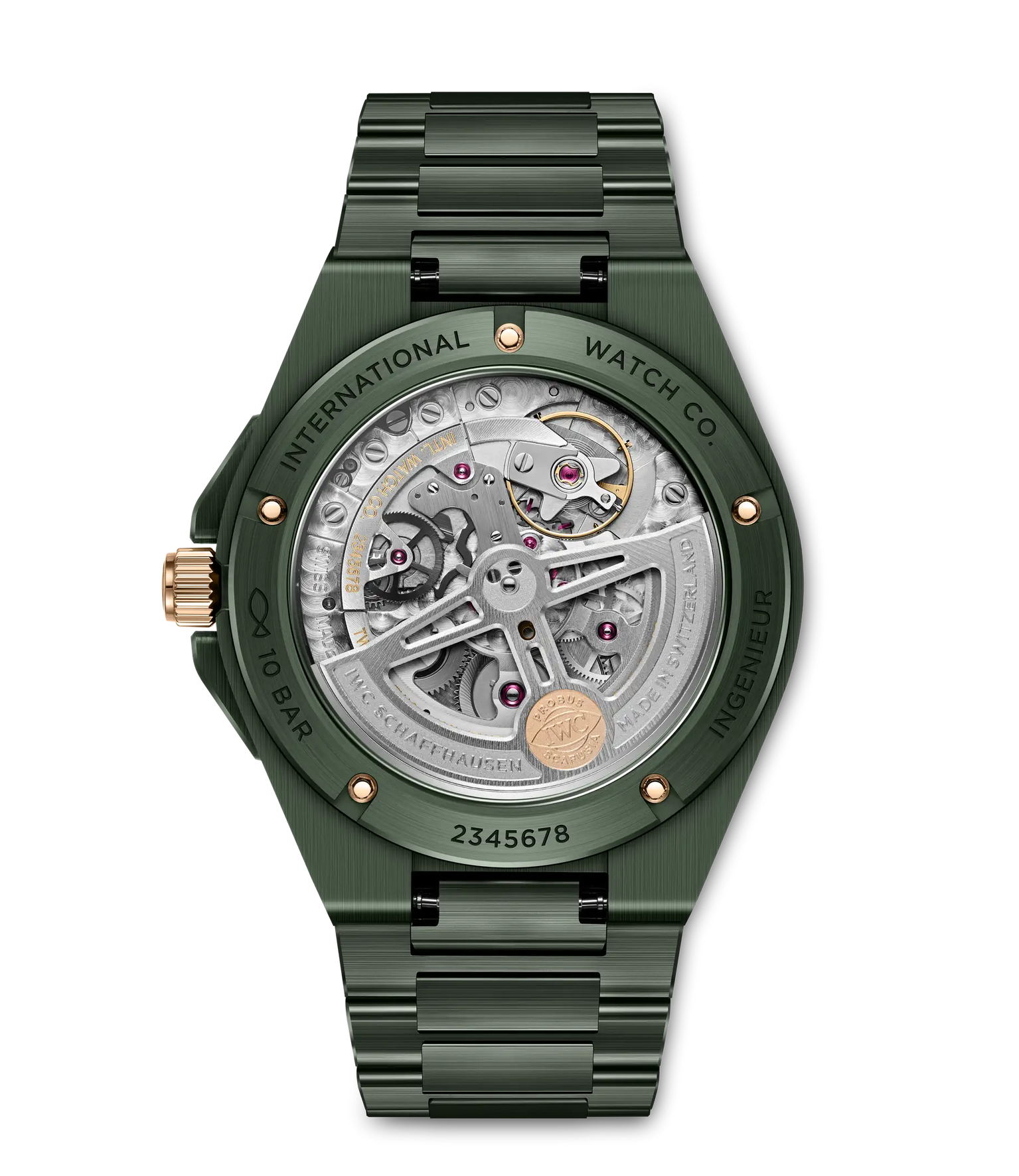 Green steel watch with visible skeleton dial, rose gold accents, and matching bracelet strap.