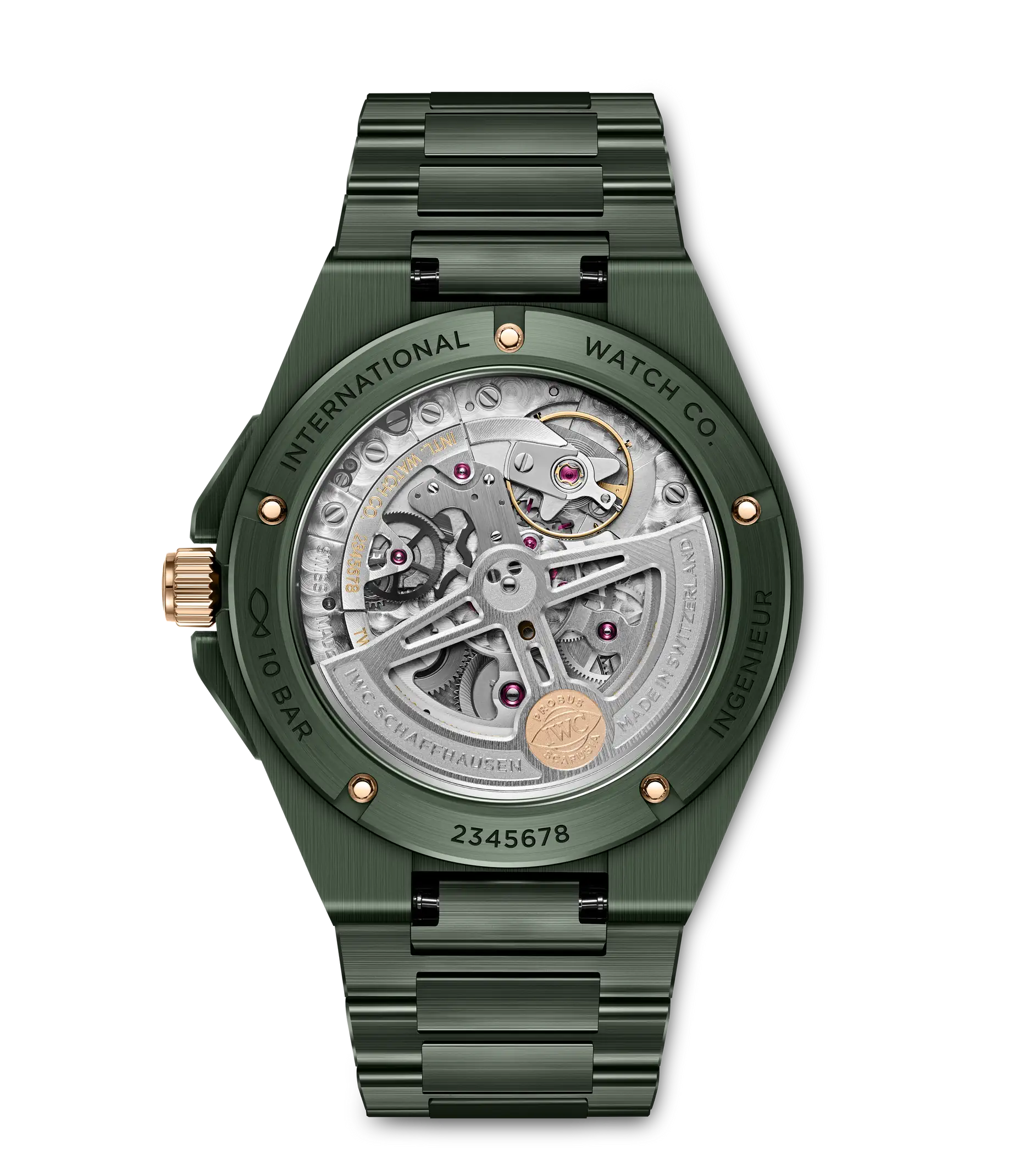 Green steel watch with visible skeleton dial, rose gold accents, and matching bracelet strap.