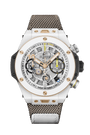 White ceramic chronograph watch with skeletal dial, rose gold accents, and patterned fabric strap.