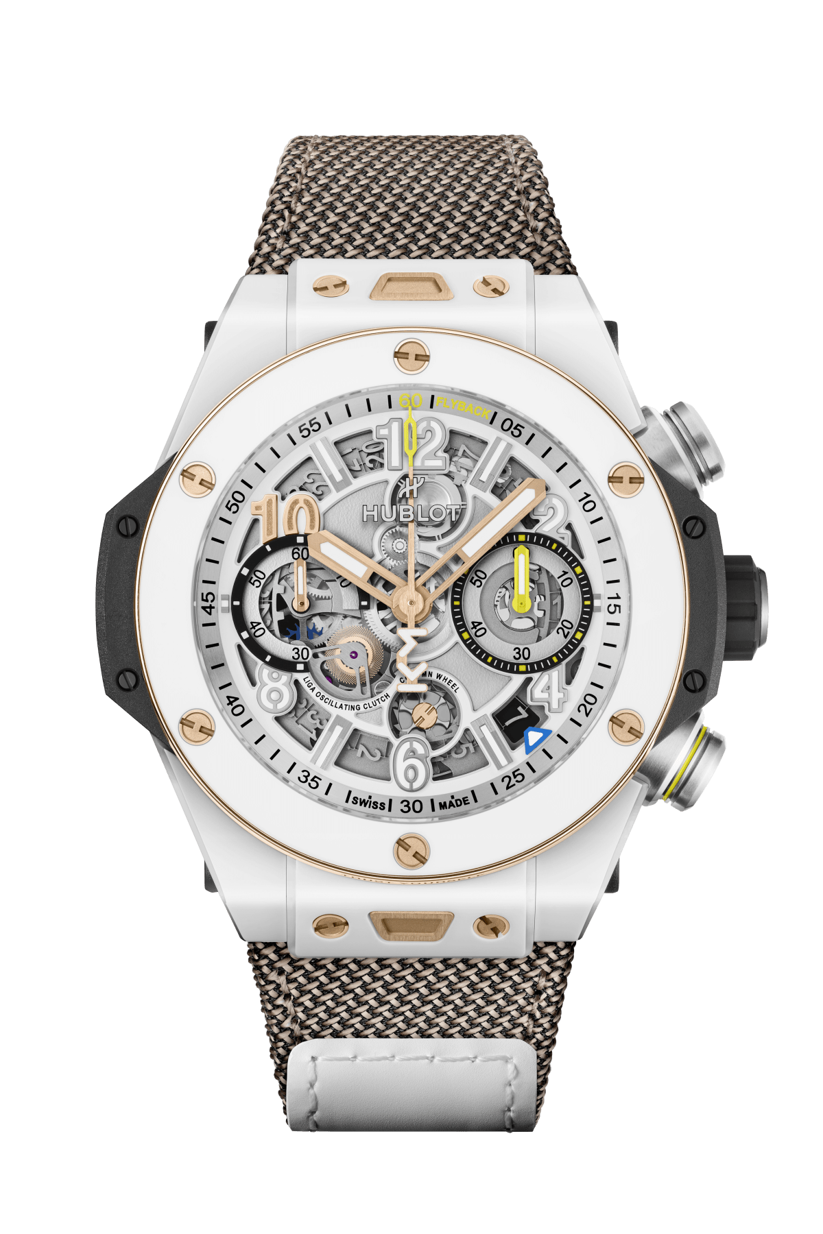 White ceramic chronograph watch with skeletal dial, rose gold accents, and patterned fabric strap.