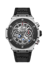 Hublot chronograph watch with titanium case, black ceramic bezel, skeletal dial with Arabic numerals, and black textile strap