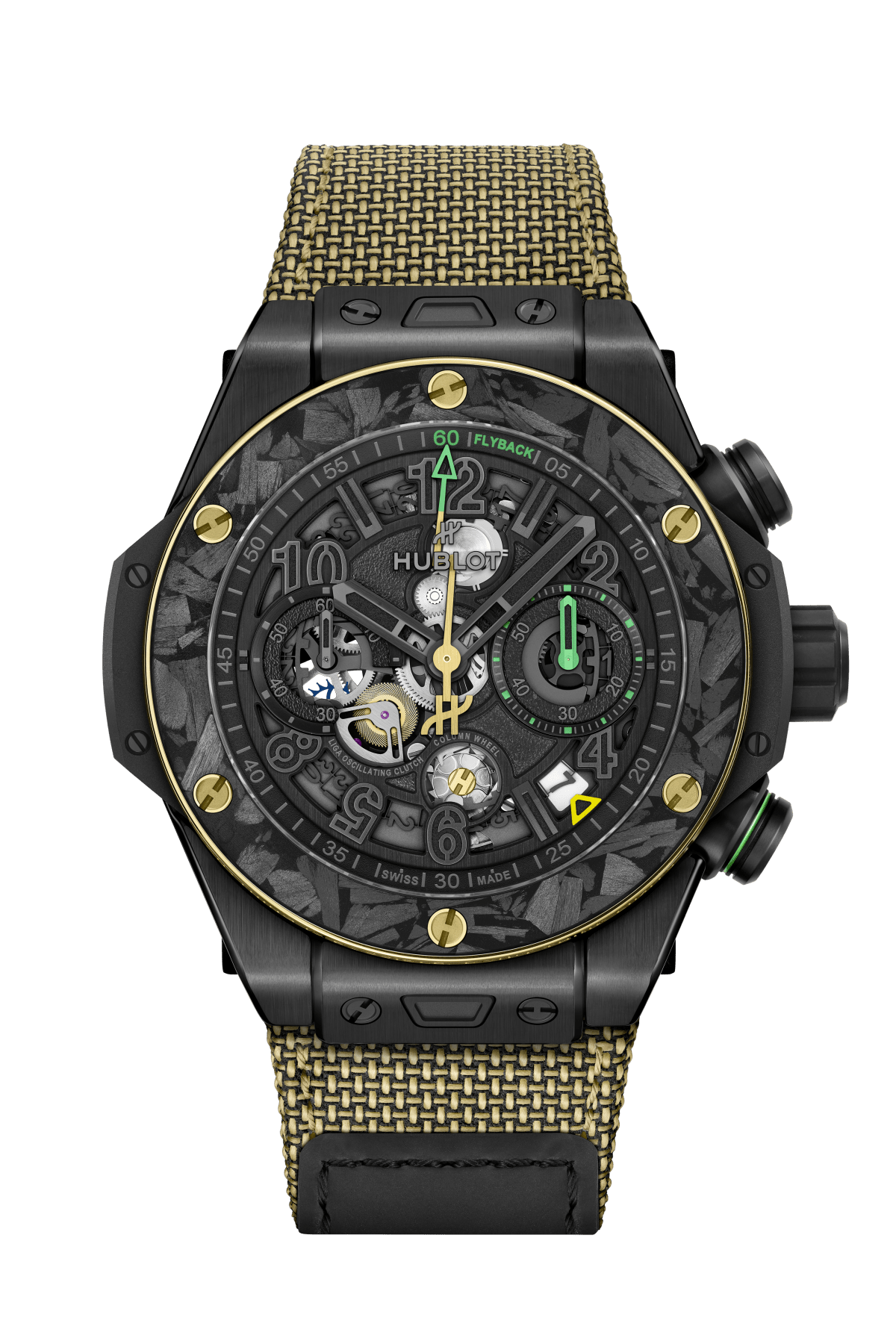 Black ceramic chronograph watch with gold-tone bezel, green accents, skeleton dial, and yellow-gold woven fabric strap.