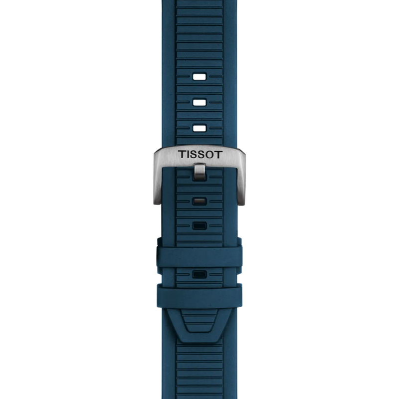Blue watch strap with Tissot logo on a white background