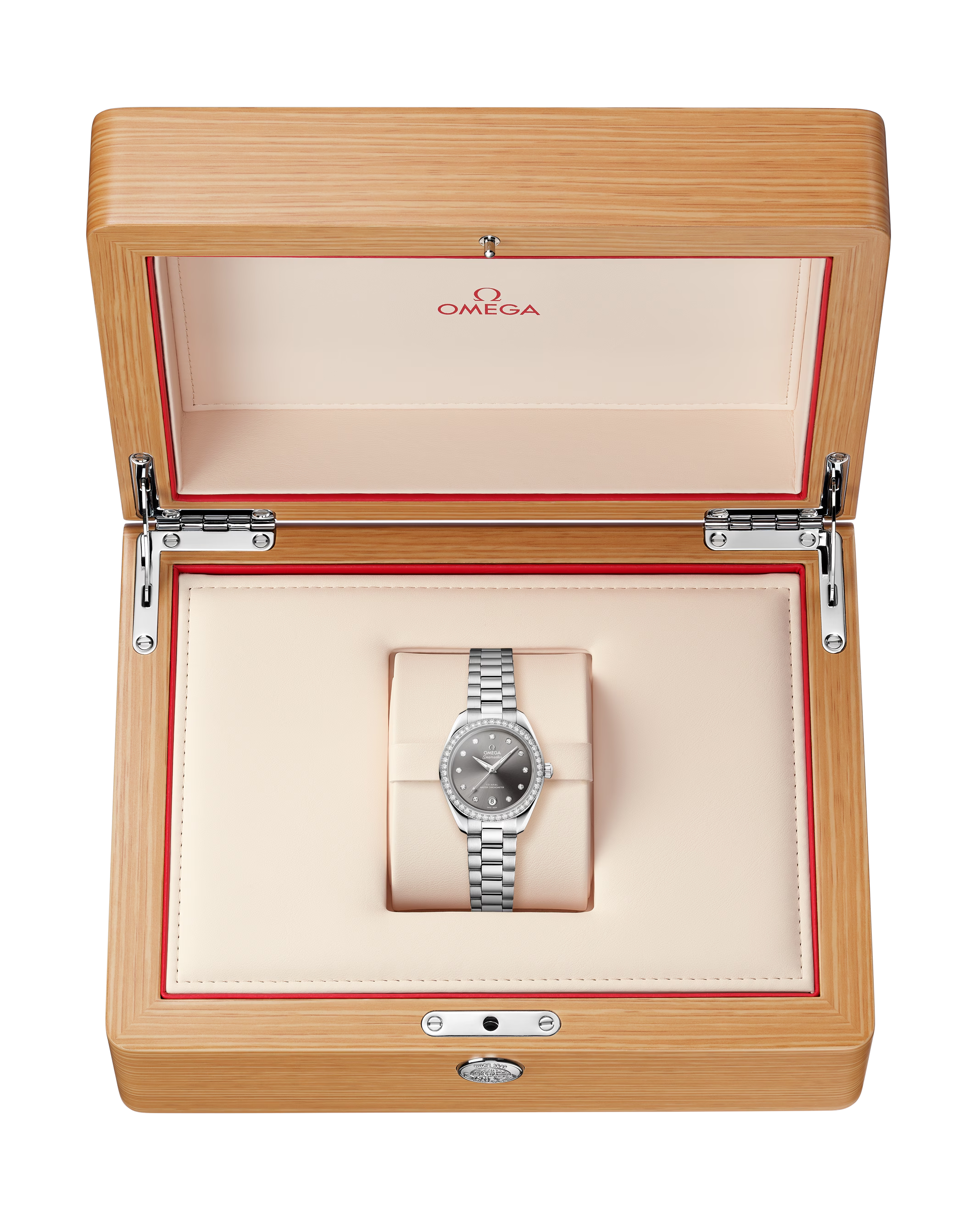 OMEGA Seamaster Aqua Terra 150M 30mm Steel on Steel Diamond Bezel Diamond Markers Grey Dial Watch in a wooden box