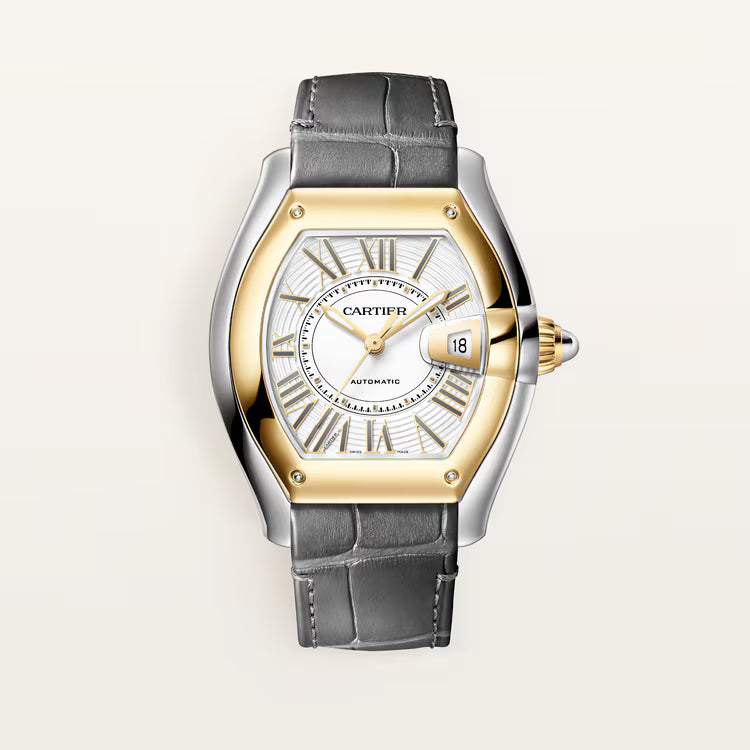 Cartier Roadster watch with two-tone gold and steel case, white dial with Roman numerals, date window, and gray leather strap