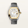 Cartier Roadster watch with two-tone gold and steel case, white dial with Roman numerals, date window, and gray leather strap