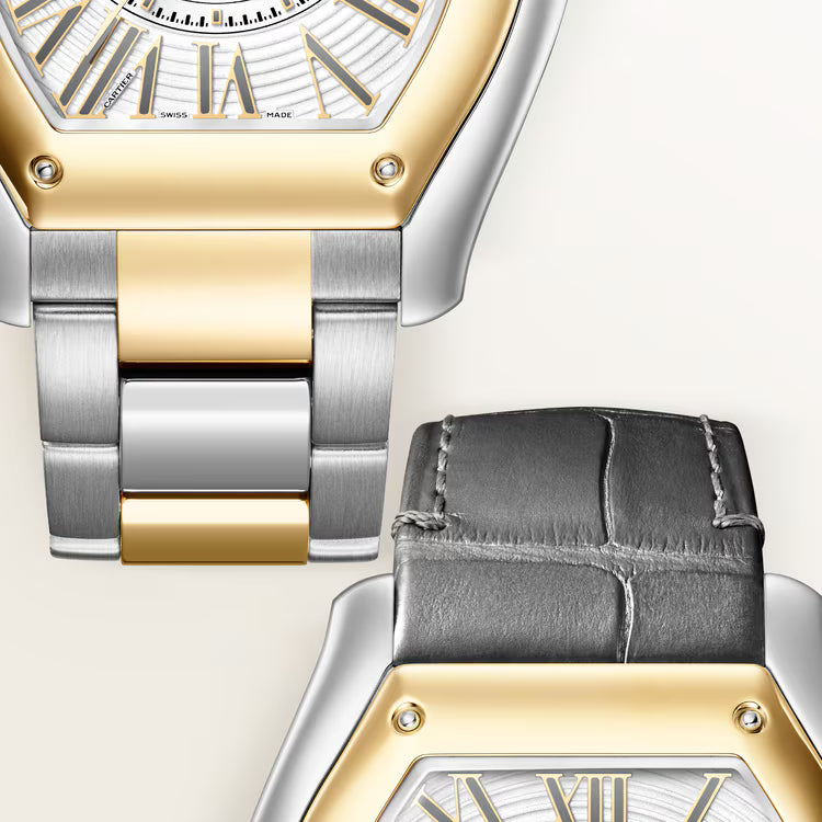 Two-tone gold and silver watches with matching bracelets and black leather straps, displayed from above.