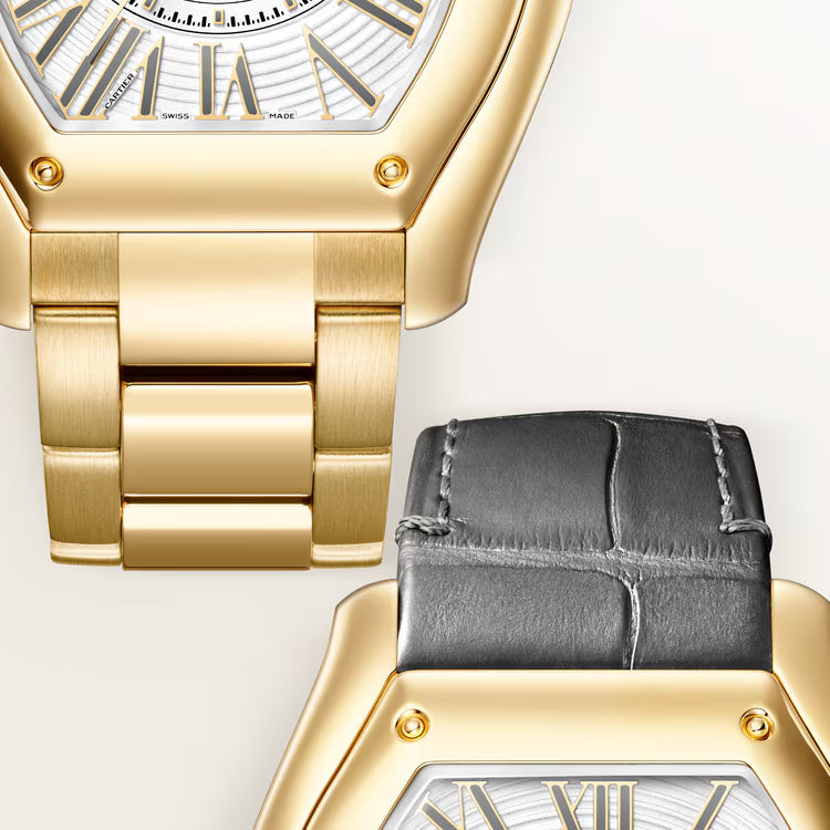 Gold-tone watch with cushion dial, matching bracelet, and black leather strap shown from above.