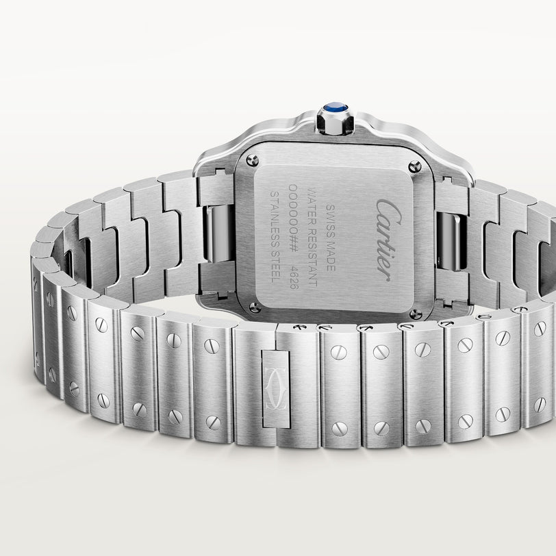 Back view of the Cartier Santos De Cartier watch in stainless steel, featuring engraved details and a metal link bracelet.