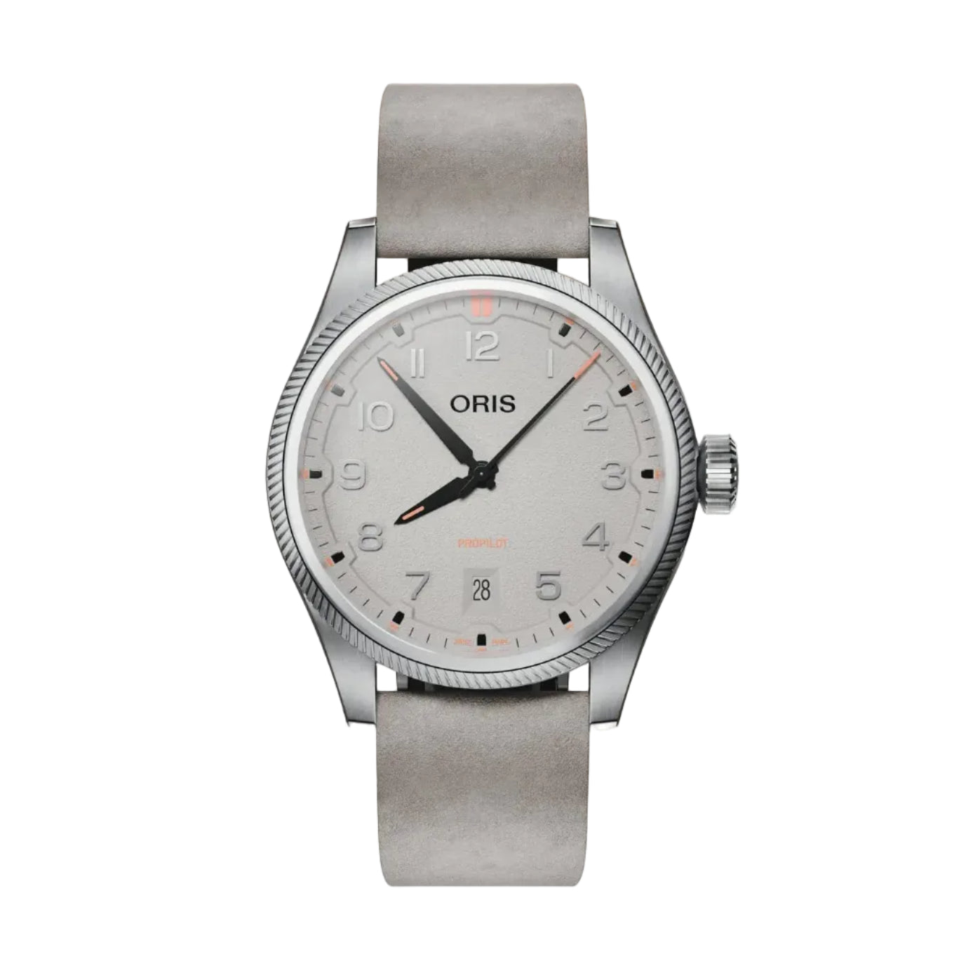 Silver Oris watch on a gradient background