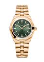 Rose gold watch with green dial, date window, and matching bracelet.