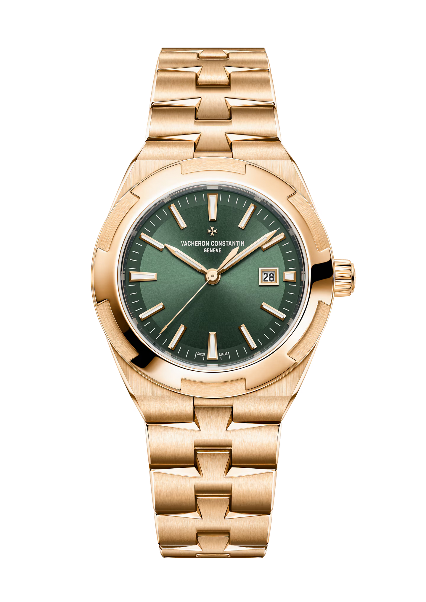 Rose gold watch with green dial, date window, and matching bracelet.