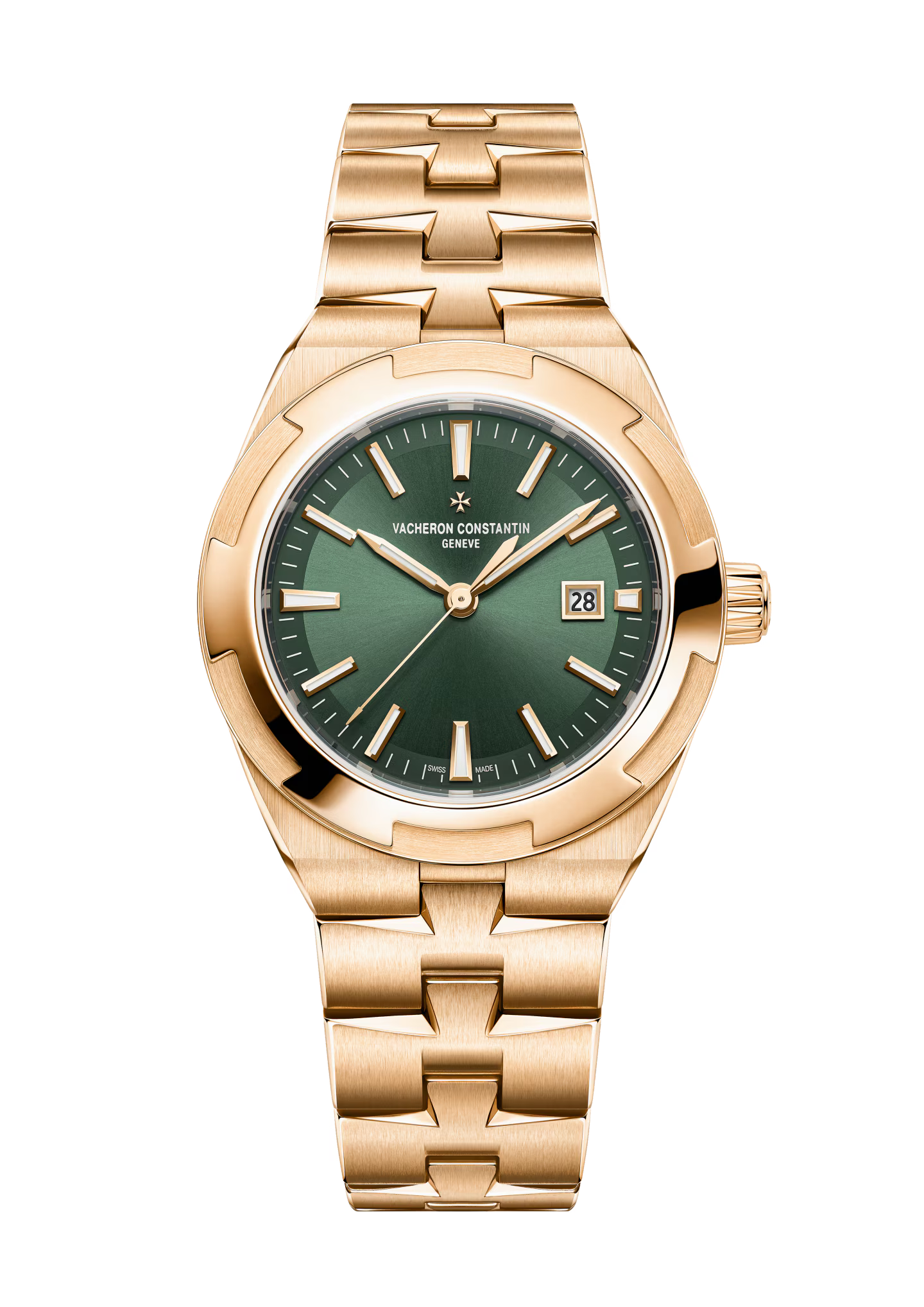 Rose gold watch with green dial, date window, and matching bracelet.