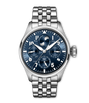 Stainless steel pilot watch with dark blue dial, moon phase, perpetual calendar complications, and linked metal bracelet.