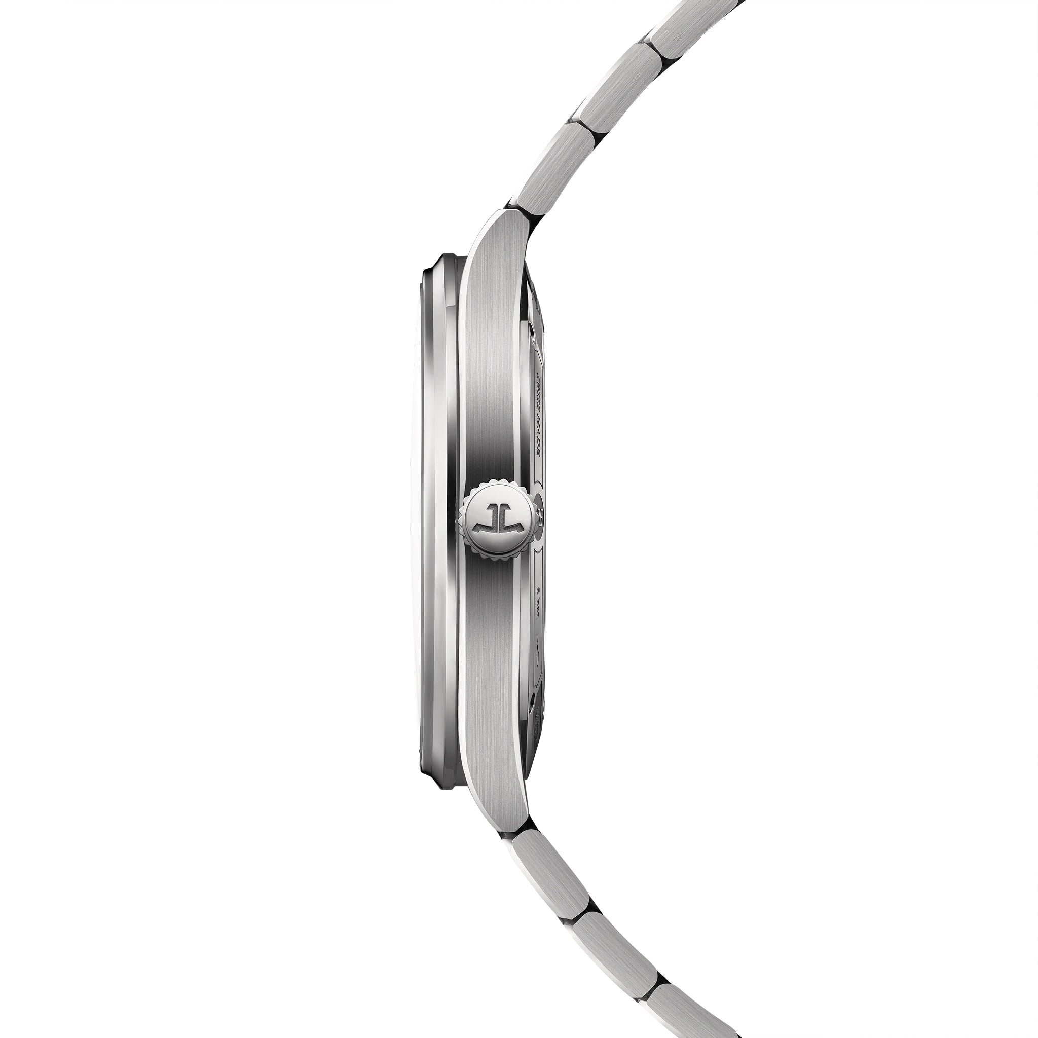 Silver-toned watch with brushed metal case and bracelet, shown from the side profile.