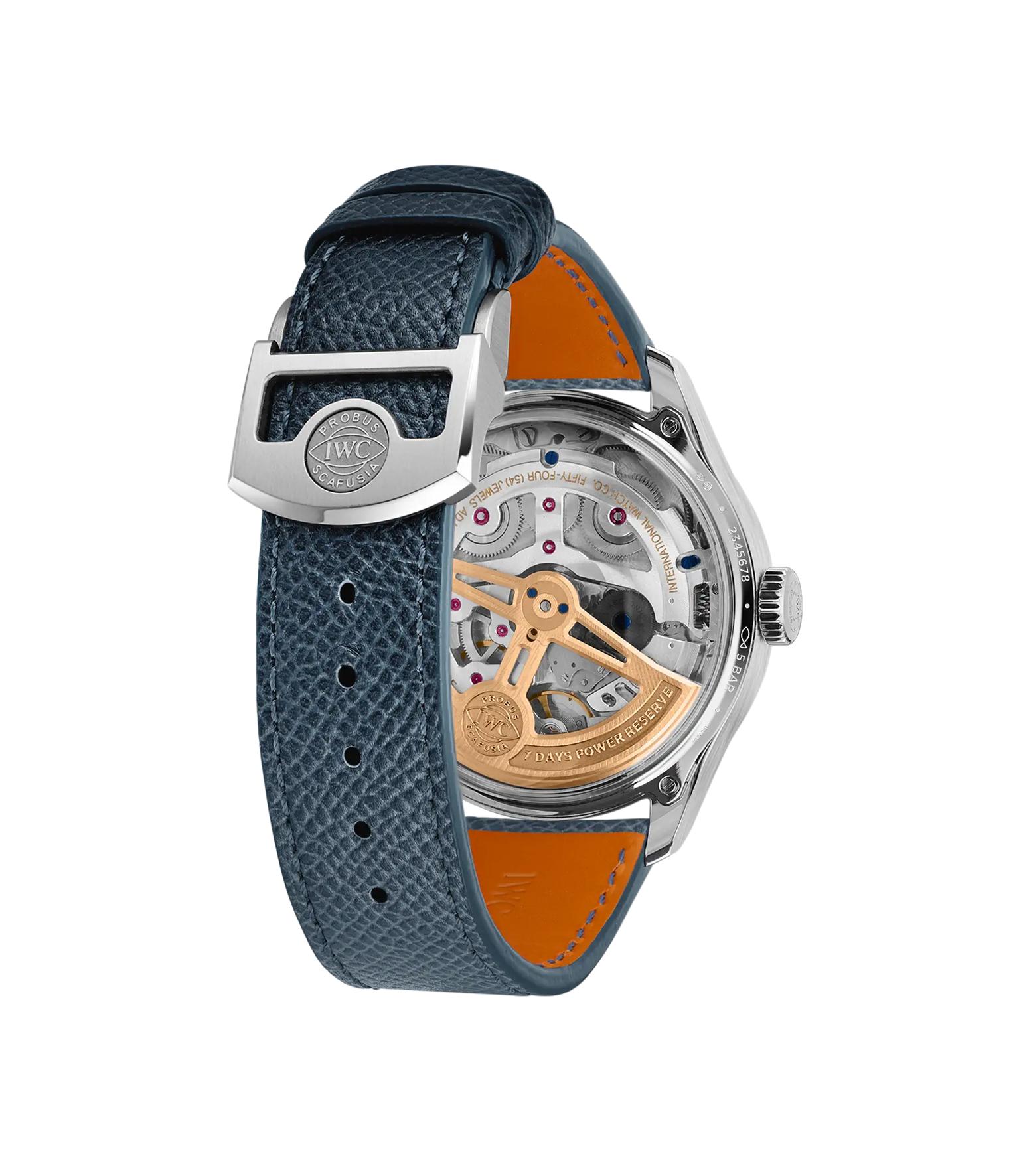 The IWC Schaffhausen Portugieser Perpetual Calendar 44 wristwatch features a blue leather strap, transparent case back displaying gold and silver mechanical movement, and an engraved rotor. Inspired by classic luxury design.