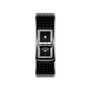 The Chanel Code Coco is a rectangular wristwatch with a black ceramic and steel band, diamond-set bezel, black dial featuring the logo and a single diamond at 12 o’clock—an elegant, modern design.