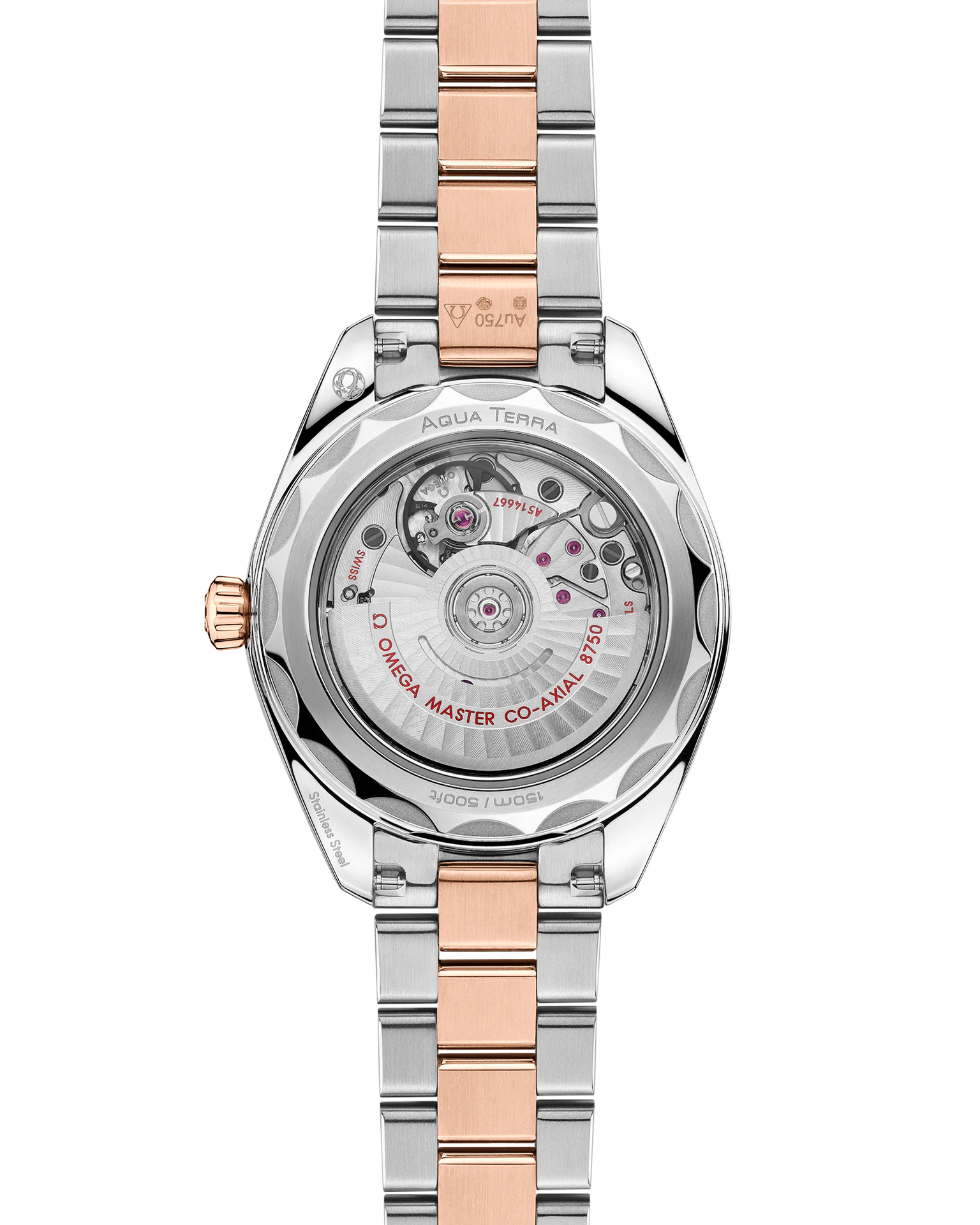 OMEGA Seamaster Aqua Terra 150M 30mm, Sedna™ gold on steel Watch Transparent Caseback on a Sedna™ gold on steel integrated two-tone bracelet.