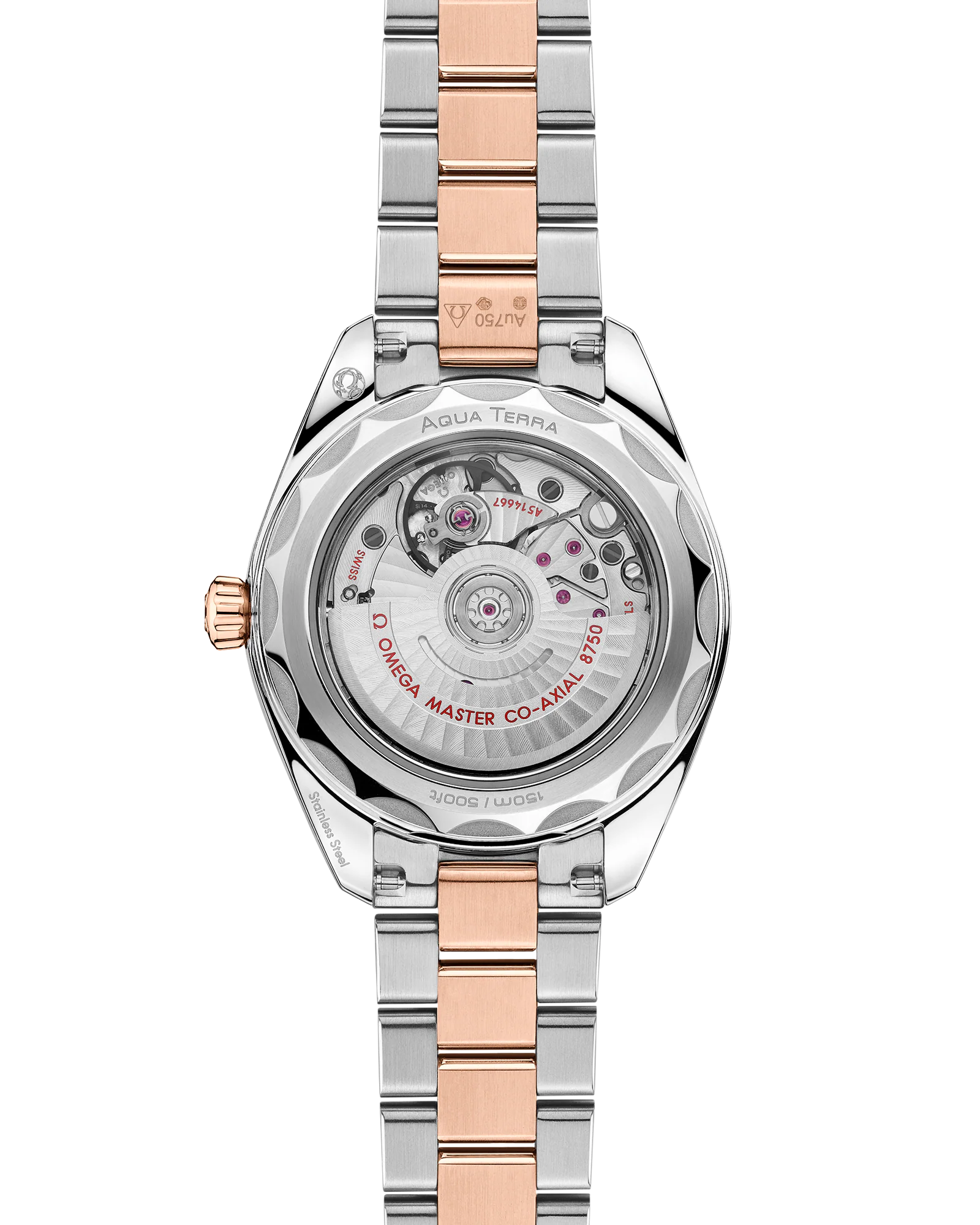 OMEGA Seamaster Aqua Terra 150M 30mm, Sedna™ gold on steel Watch Transparent Caseback on a Sedna™ gold on steel integrated two-tone bracelet.
