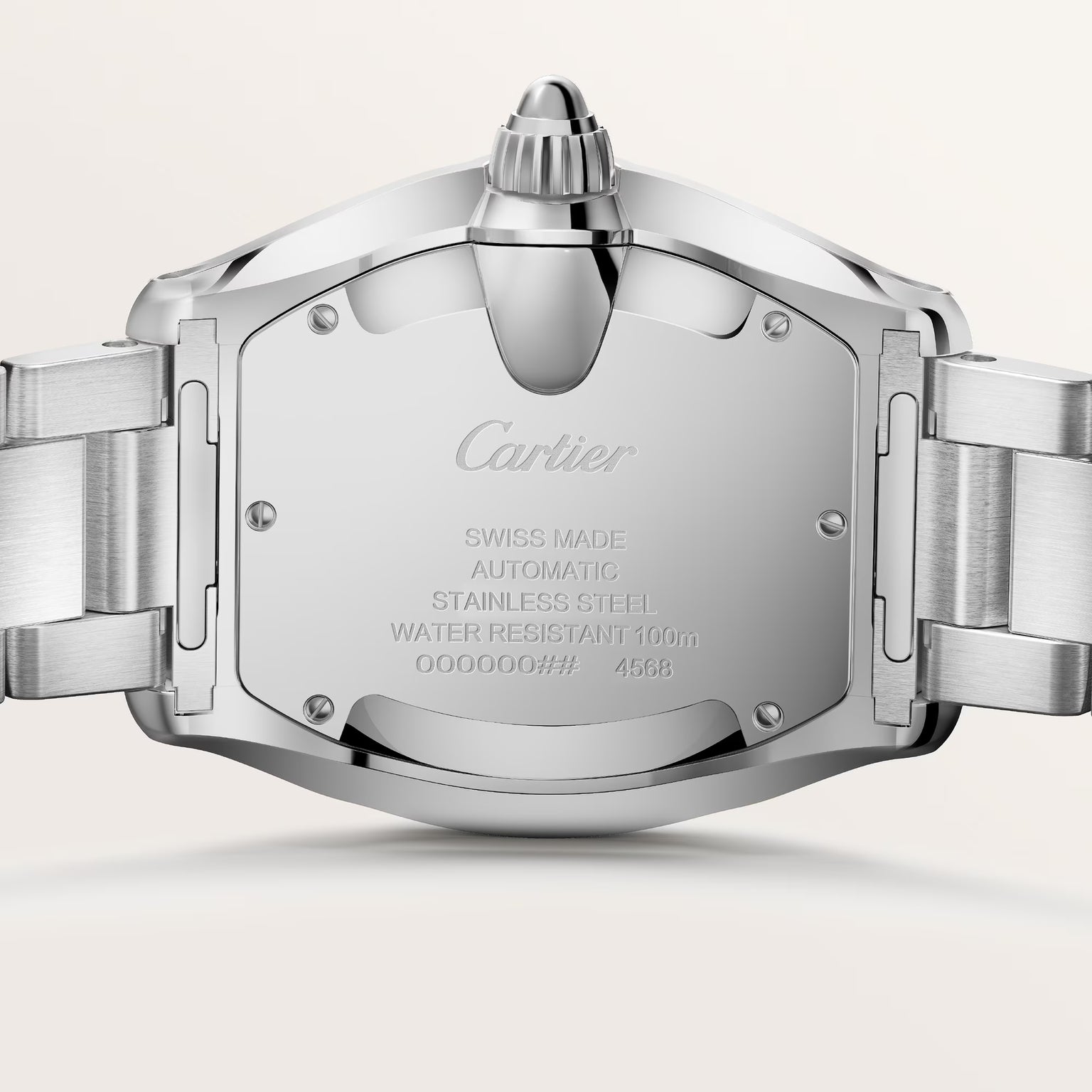 Cartier stainless steel watch with rectangular face, metal bracelet, and crown detail, shown from the back.