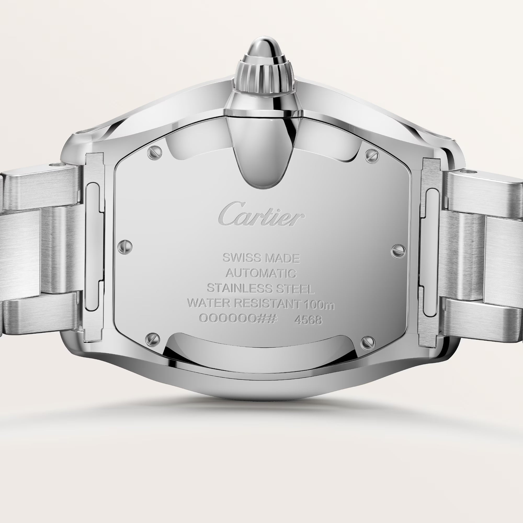 Cartier stainless steel watch with rectangular face, metal bracelet, and crown detail, shown from the back.