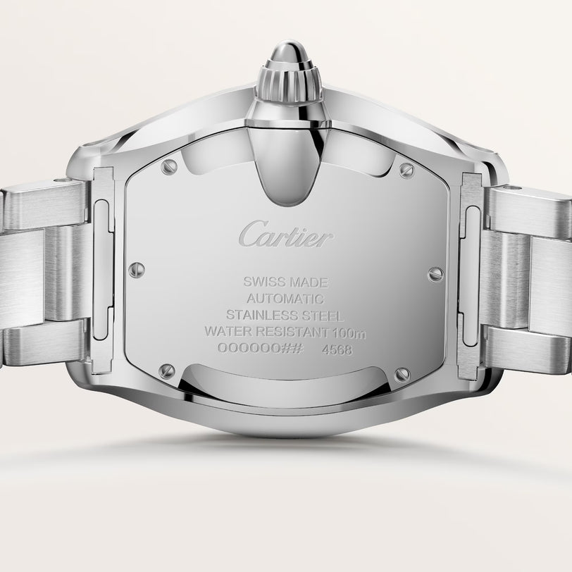 Cartier stainless steel watch with rectangular face, metal bracelet, and crown detail, shown from the back.