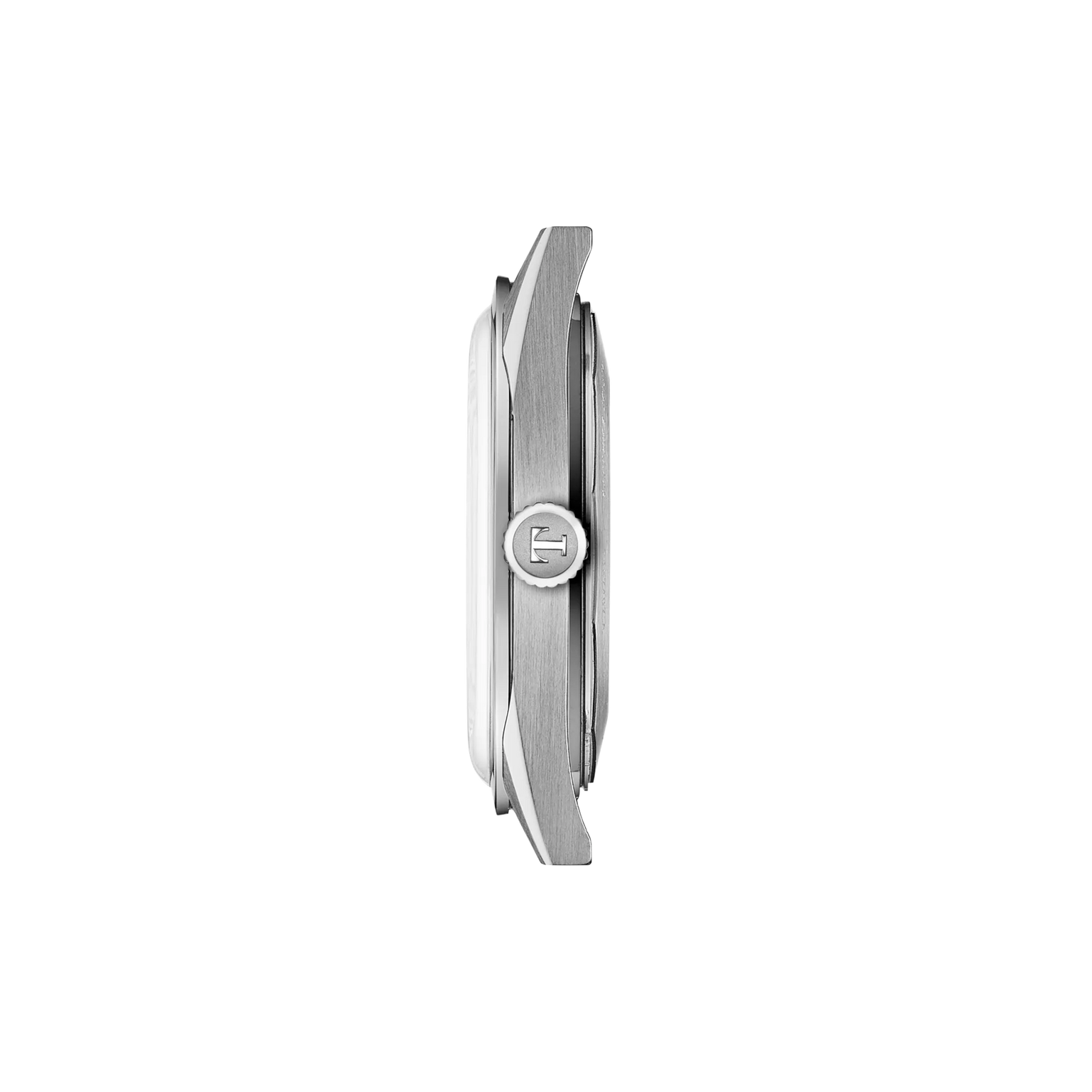 Silver-toned watch with brushed metal band and circular dial featuring center logo, shown from side profile.