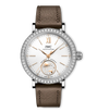 IWC Schaffhausen Portofino automatic watch with white dial, diamond bezel, rose gold hands, day-night subdial, and taupe leat