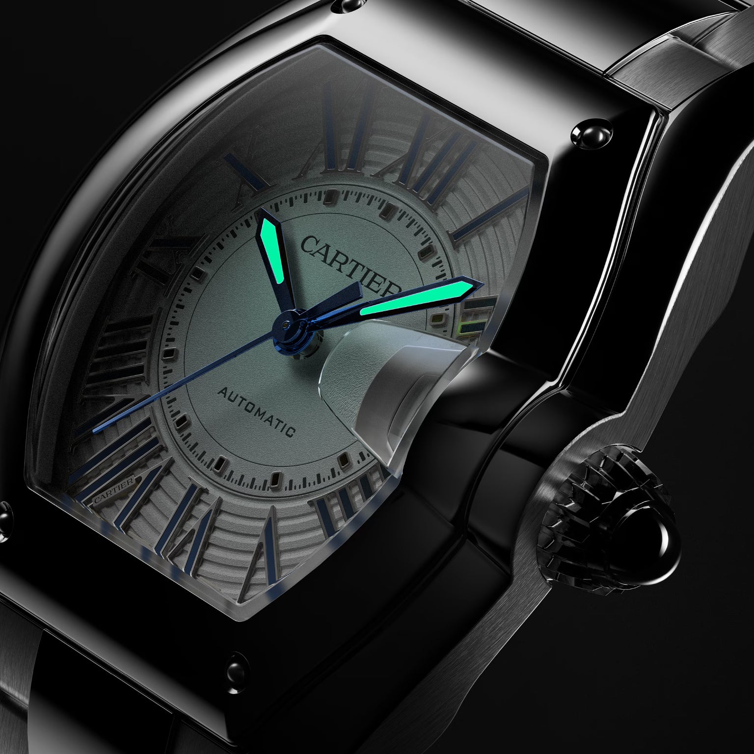 Cartier Roadster watch with tonneau-shaped case, gray dial, Roman numerals, and bright green hands on black metal bracelet.