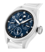 White pilot watch with dark blue dial featuring perpetual calendar, moon phase, and multiple subdials on rubber strap.