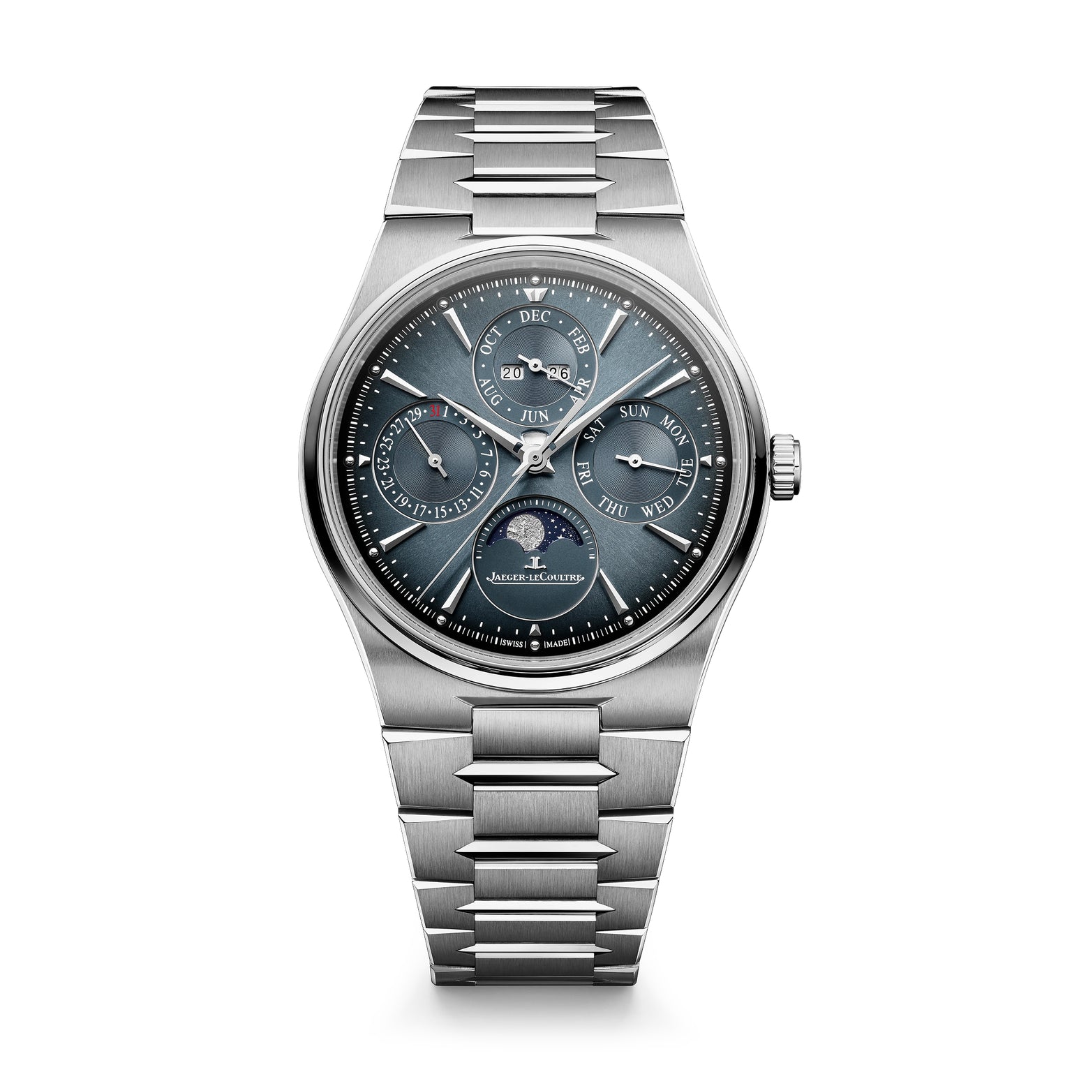 Stainless steel watch with dark blue dial, perpetual calendar subdials, moon phase indicator, and matching metal bracelet.