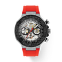 Tissot watch with red strap and detailed face on a white background