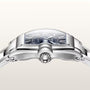 Silver-toned watch with rectangular dial, dual subdials, and metal bracelet band shown from above.