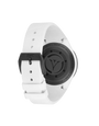 White watch with black dial on a white background