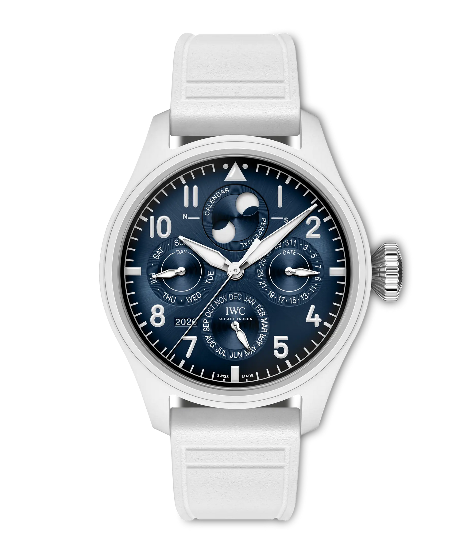 Silver watch with dark blue dial, white numerals, moon phase display, perpetual calendar subdials, and white rubber strap.
